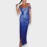 Natja - Bleščeča Maxi Obleka z Odkritimi Rameni