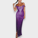 Natja - Bleščeča Maxi Obleka z Odkritimi Rameni