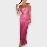 Natja - Bleščeča Maxi Obleka z Odkritimi Rameni